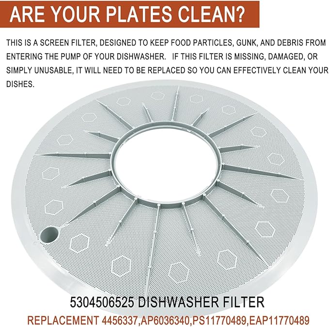 5304506525 Dishwasher Filter Replacement 4456337,AP6036340,PS11770489,EAP11770489 Compatible with Frigidaire Appliance Crosley Kenmore Dishwasher Accessories