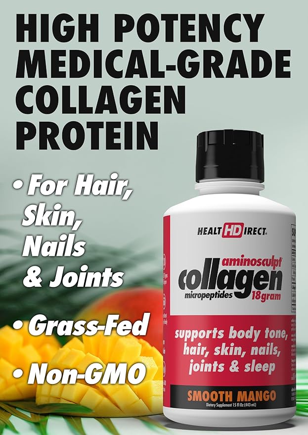 HEALTH DIRECT AminoSculpt Sugar-Free Collagen Supplement - High Potency Medical-Grade Protein for Hair, Skin, Nails & Joints, Grass-Fed, Non-GMO, Liquid Collagen - Smooth Mango - 15 Fl Oz