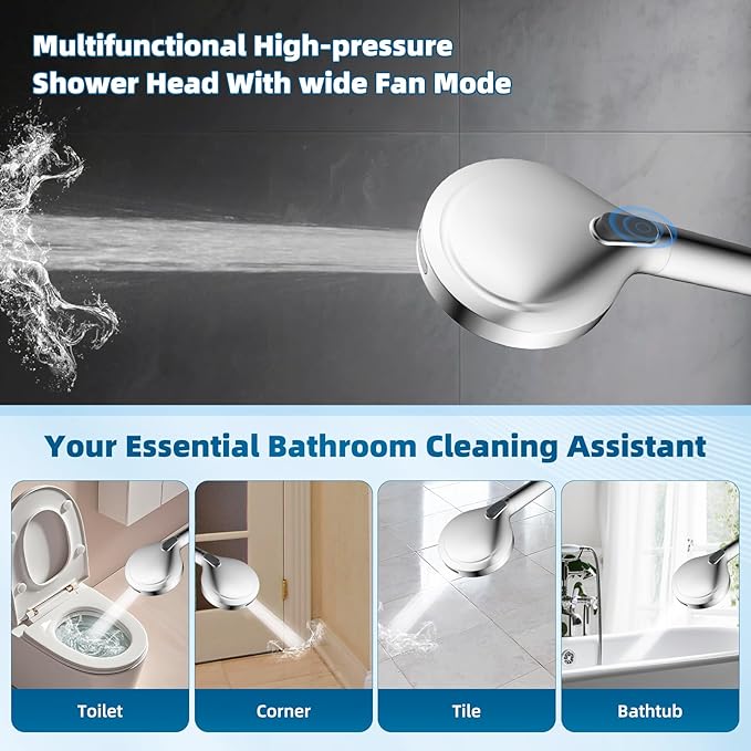 Hibbent All Metal Shower Head, 12'' High Pressure Rain Shower Head/Handheld Showerhead Combo with 16'' Adjustable Arc-shaped Extension Arm, 10 Sprays, 71'' Hose, Adhesive Showerhead Holder, Chrome