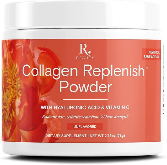 Reserveage Nutrition Collagen Replenish Powder with Hyaluronic Acid & Vitamin C - No-Taste Collagen for Radiant Skin Care, Hair Growth & Cellulite Reduction - Mixes Easily - 2.75 oz