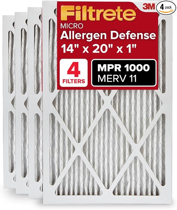 Filtrete 14x20x1 AC Furnace Air Filter, MERV 11, MPR 1000, Micro Allergen Defense, 3-Month Pleated 1-Inch Electrostatic Air Cleaning Filter, 4 Pack (Actual Size 13.81x19.81x0.81 in)
