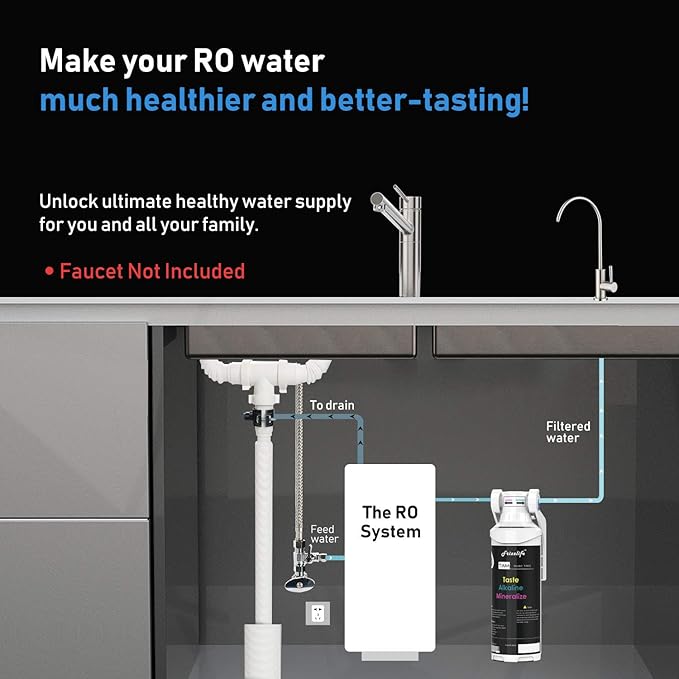 Frizzlife TAM3 Under Sink Inline Water Filter - Alkaline PH+ Remineralization, NSF/ANSI 42 Certified, Adjust Taste & PH, Restore Essential Minerals, 1/4" Pipe Fits for Reverse Osmosis Systems