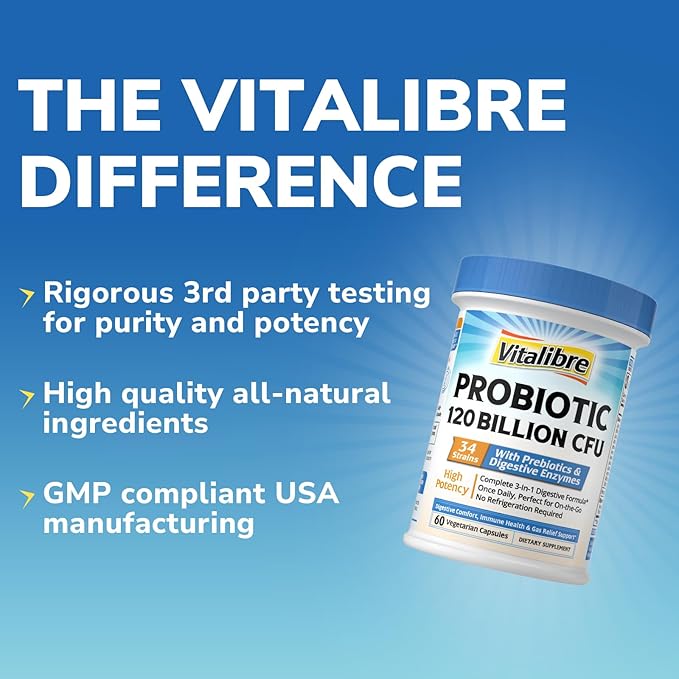 Probiotics for Women and Men, 120 Billion CFU 34 Strains, with Digestive Enzymes & Prebiotics, No Gluten, Gut Health, Digestive Health, Bloat Relief, 60 Veggie Caps
