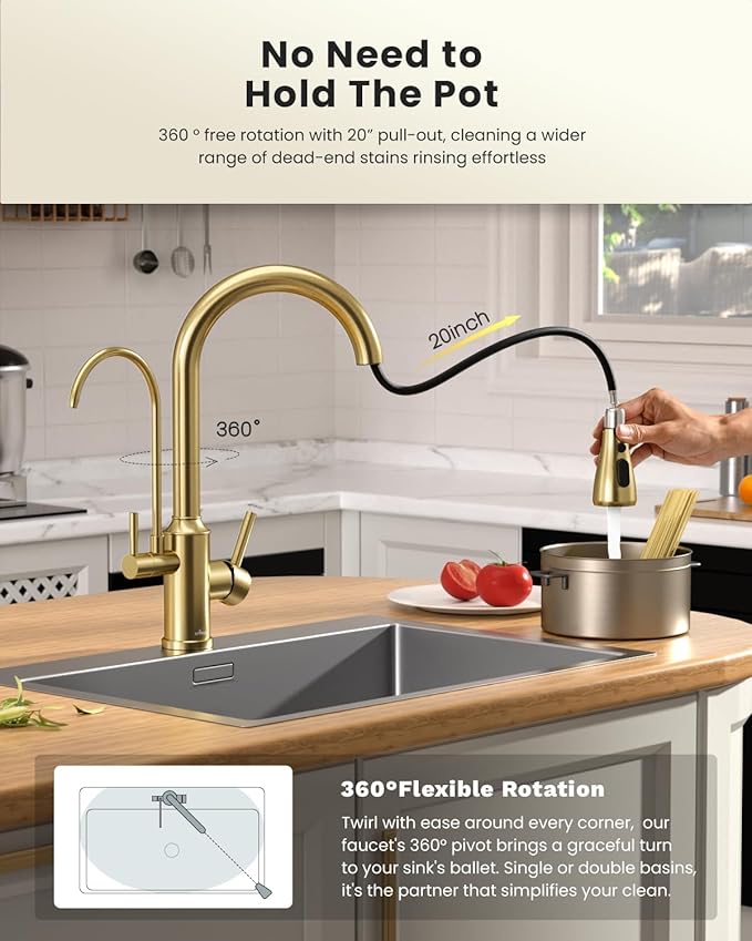 APPASO Kitchen Faucet with Water Filter, 2 Handle 3 Way Gold Kitchen Sink Faucet, High Arch 3 Hole Kitchen Faucet with Pull Down Sprayer - 3 in 1 Faucet (Without Water Filtration Device)