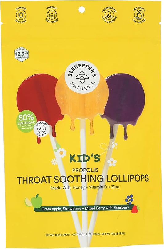 Kids Throat Soothing Lollipops by Beekeeper's Naturals - Doctor Formulated Immune Support, Vitamin D & Honey, Under 2g Sugar, Clean Ingredients,15 ct