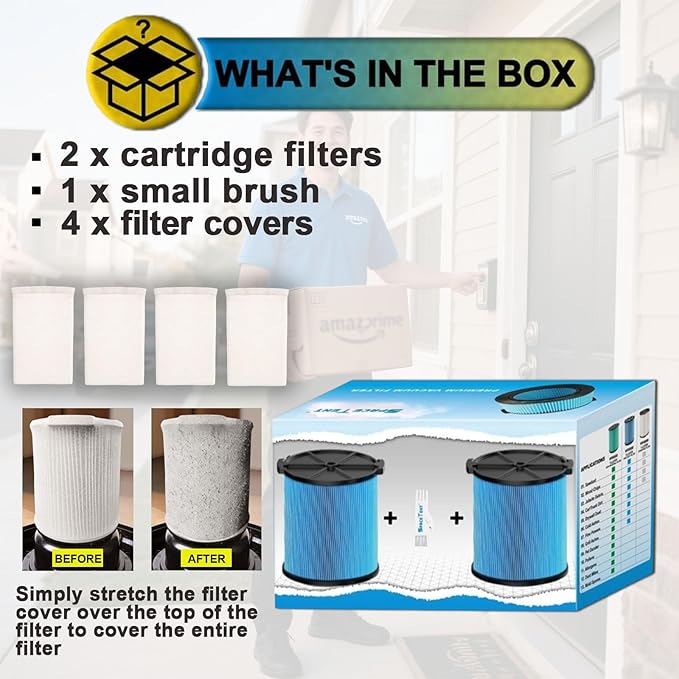 2 Pack VF5000 Filter Replacement for Rigid Shop Vac, 3-Layer Fine Dust Pleated Paper 72952, Compatible With RIDGID Most 5-20 Gallon Wet/Dry Vacuums, With 4 Pack Filter Covers