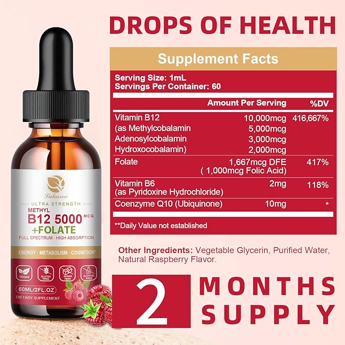 Vitamin B12 Sublingual Drops Vegan B12 Vitamins Liquid-Full Spectrum-Methylcobalamin, Adenosyl & Hydroxy B12, for Energy, Focus, Mood & Immune Support- 2 Month Supply, 2 fl oz