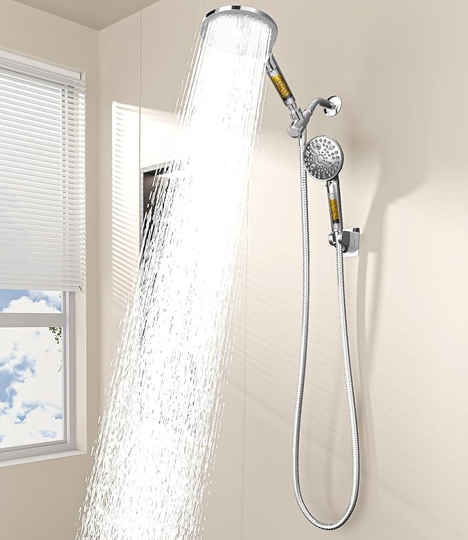 Dual Filtered Shower Heads Combo, High Pressure Rain Shower Head with Handheld Spray Built-in Power Wash, Dual Handheld Shower Head for Hard Water, Remove Chlorine for Healthier Skin- Chrome