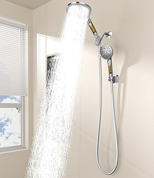 Dual Filtered Shower Heads Combo, High Pressure Rain Shower Head with Handheld Spray Built-in Power Wash, Dual Handheld Shower Head for Hard Water, Remove Chlorine for Healthier Skin- Chrome