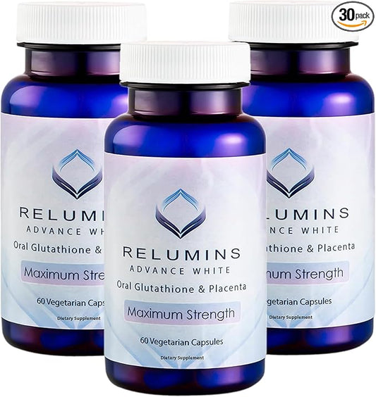 Relumins Advanced White Glutathione Capsules - Max Strength Brightening Supplement with ALA, Placenta, Rose HIPS & Vitamin C - Fights Oxidative Stress, Supports Collagen & Youthful Skin - 3 Bottles
