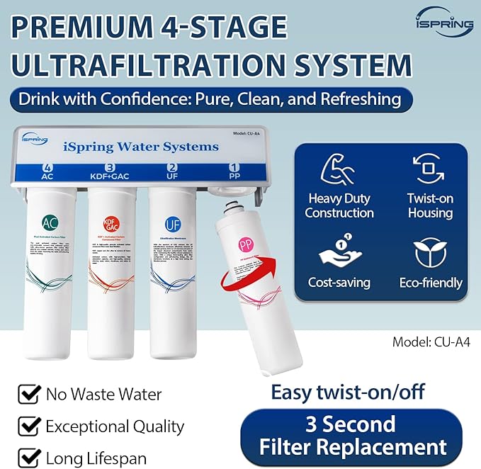 iSpring CU-A4 0.01μm Ultra-Filtration Under Sink Water Filter System, Tankless 4-Stage High Capacity, Remove 99.99% Contaminants, Quick Filter Change with Brushed Nickel Faucet, White