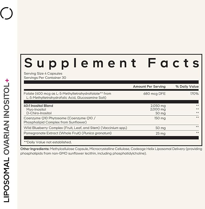 Codeage Liposomal Ovarian Inositol+ Supplement - Myo-Inositol & D-Chiro-Inositol 40:1 Blend, Folate 5-MTHF, CoQ10, Pomegranate & Wild Blueberry, Liposomal Delivery, Non-GMO, Gluten-Free - 120 Capsules