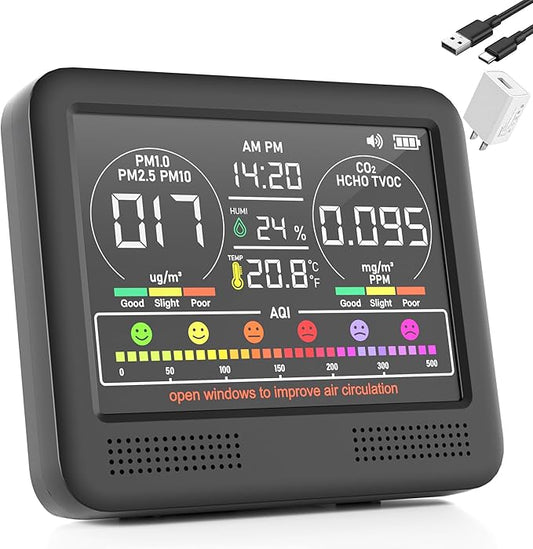 16-in-1 Air Quality Monitor Indoor with 7AQI Beep Alarm, CO2 Monitor, Air Quality Detector with PM1.0 | PM2.5 | PM10 | Temp | HUM | Formaldehyde | VOC Tester for Home Office Plant (Black)
