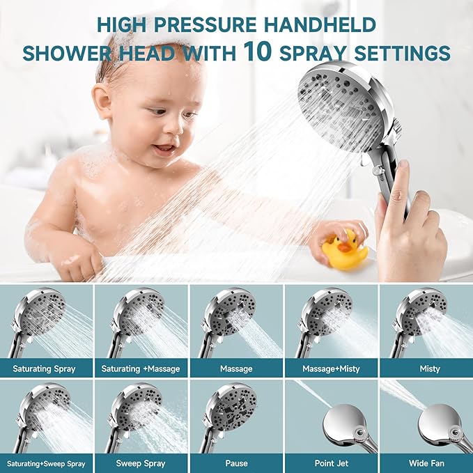 5" Filtered Handheld Shower Head with 10 Spray Modes,High Pressure Detachable Showerhead with Magnetic Docking, Water Flow Control & 69" Stainless Steel Shower Hose,Chrome