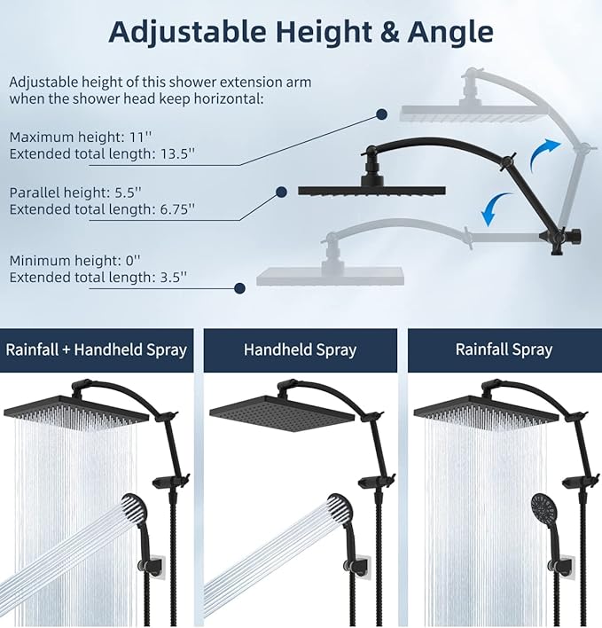 Hibbent Thickness 10'' Rain Shower Head, High Pressure Handheld Spray, Showerhead Combo with 16'' Adjustable Arc Shower Extension Arm, 7 Settings, 71'' Hose, Adhesive Shower Holder, Matte Black