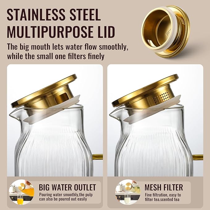 2 Pack 2 Liter/68 oz Square Glass Pitcher with Lid, Classic Stripes Water Pitchers with Handle for Fridge, Large Jug for Iced Tea, Coffee, Borosilicate Glass Carafe for Hot/Cold Brew Drink, Gold