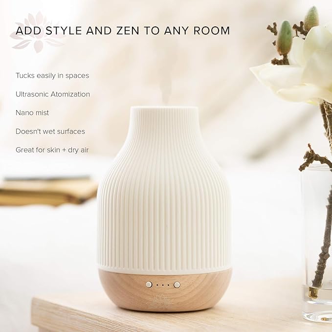 Essential Oil Diffuser Lamp, White Ceramic + Wood, Ultrasonic 180ml, Whispersoft, 4 Timers + 5 Light Settings, Auto Shut Off, Home + Office, Humidifier Air Purifier Aromatherapy