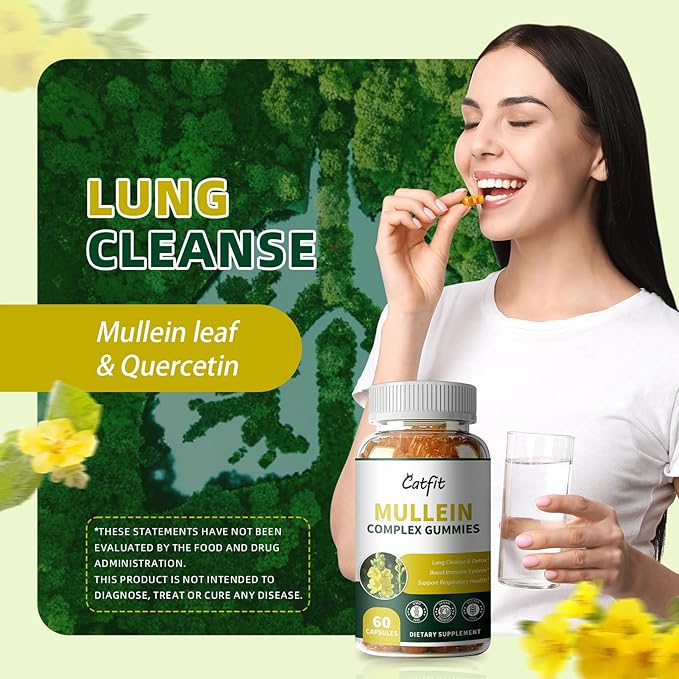 Mullein Gummies for Lungs – Mullein Leaf Extract with Quercetin, Elderberry for Respiratory & Immune Support,Lung Health & Breathing, Vegan, Pineapple Flavor, 60 Gummies