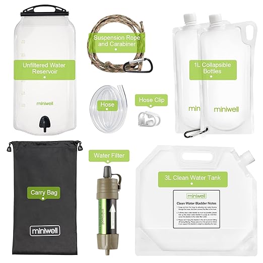 Miniwell Ultralight Gravity Water Filter Straw - Versatile Hiker Kit with Reservoir and Bottles. Emergency Hurricane Storm Supplies