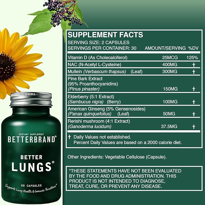Betterbrand Mullein Leaf Extract for Lungs – Lung Support with Elderberry, Vitamin D, Ginseng & Reishi – Healthy Flow Cleanse & Immune Support– 60 Capsules