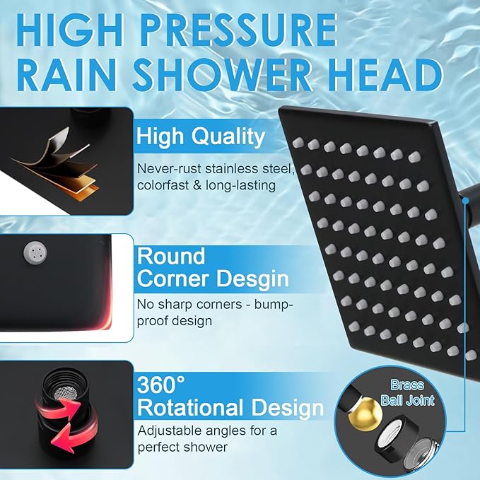 6 Inch Square Shower Head Black Stainless Steel High Pressure Rain Shower Heads with Extension Arm Adjustable Angle Replacement Shower Head for Modern Bathroom (Square, Black)