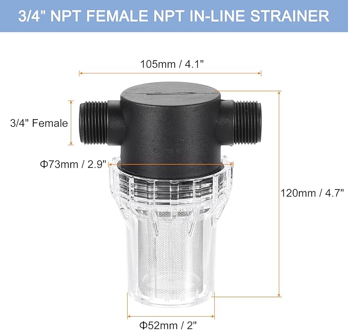 uxcell Pressure Washer Filter 3/4" NPT Female Thread, Inline Mesh Strainer Attachment, Outlet for Pipe Strainer, Stainless Steel Screen with Sealant Tape (Size:40 Mesh)