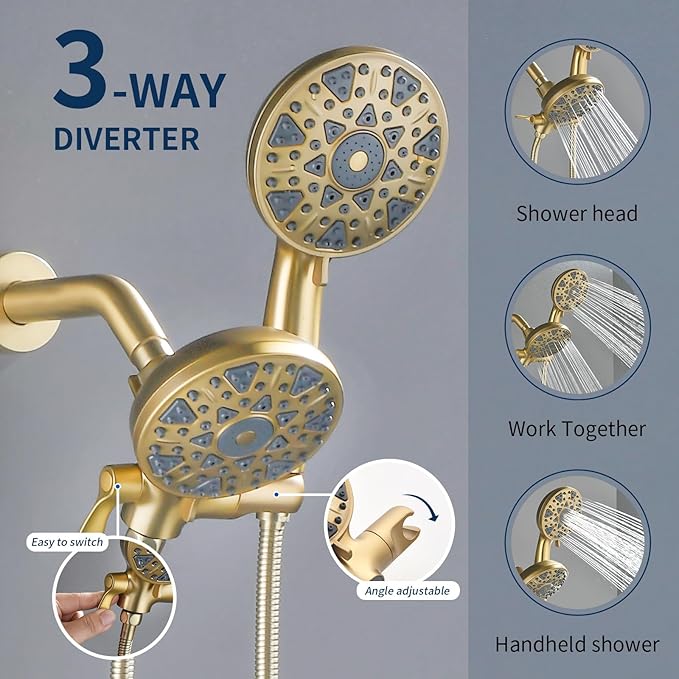Shower Faucet Set Complete Shower Kit Dual Shower Head and Handheld 2 in 1 Combo Set Shower System Shower Trim Kit Combo Set Shower Fixtures, Brushed Gold