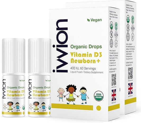 Organic Vegan 400IU, Vitamin D3, 60 Drops – Baby Drop for Infants & Toddlers | USDA Organic, Non-GMO, Plant-Based, No Additives or Preservatives, All Natural, Made in UK - Pack of 2