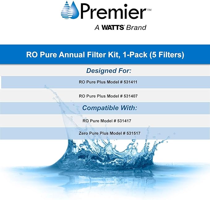 Watts Premier Annual RO Pure 5-Pack Filtration Kit for Pure Plus/Zero Pure Plus Reverse Osmosis System, Push Button Water Filter Replacement, 2 Sediment Filters, 2 Carbon Pre-Filters, 1 Post-Filter