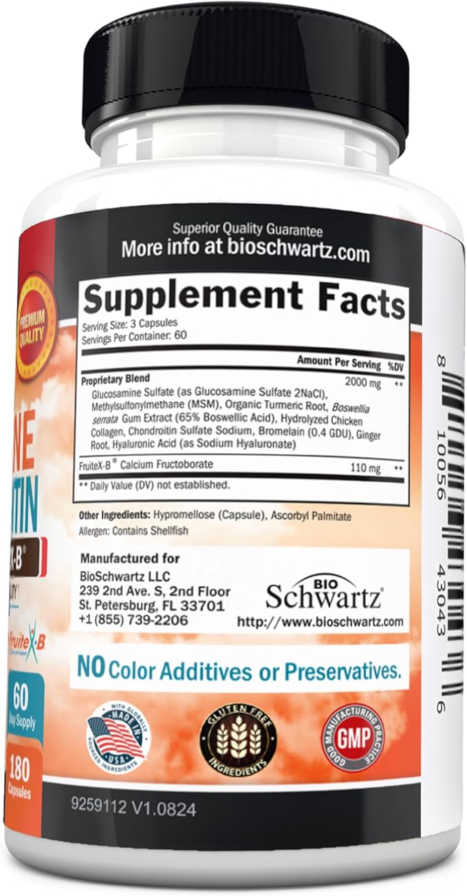 Glucosamine Chondroitin MSM Joint Support Supplement - Collagen Peptides, Turmeric and Ginger, Hyaluronic Acid, Glucosamine Chondroitin Sulfate for Joint Comfort - Gluten Free, Non GMO, 180 Capsules