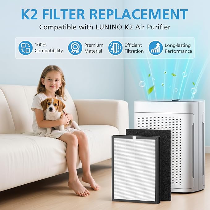 2 Pack K2 Replacement Filter Compatible with LUNINO K2 &TER Air MK-AP01 Air Purifier, 3-Stage Double-sided HEPA Filters & 2 Washable Carbon Pre-filters