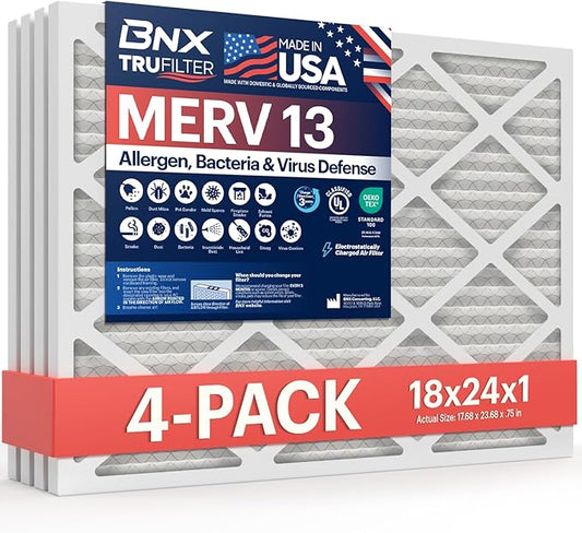 BNX TruFilter 18x24x1 Air Filter MERV 13 (4-Pack) - MADE IN USA - Electrostatic Pleated Air Conditioner HVAC AC Furnace Filters for Allergies, Pollen, Mold, Bacteria, Smoke, Allergen, MPR 1900 FPR 10