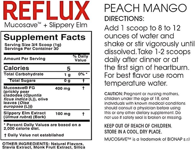 Reflux Digestive Supplement - Peach Mango Flavor - Each Tub = 30 Scoops = 30 Servings - Mucosal Support for Acid Issues - with Mucosave FG and Slippery Elm Bark (1 Tub)