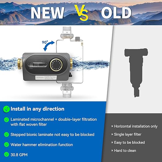 Whole House Spin-Down Sediment Pre-Filter, 40-Micron, 360° Flexible Installation, Water Hammer Reduction, City/Well Water Pre-Filtration System, RO Water Filter Companion Sediment Filter