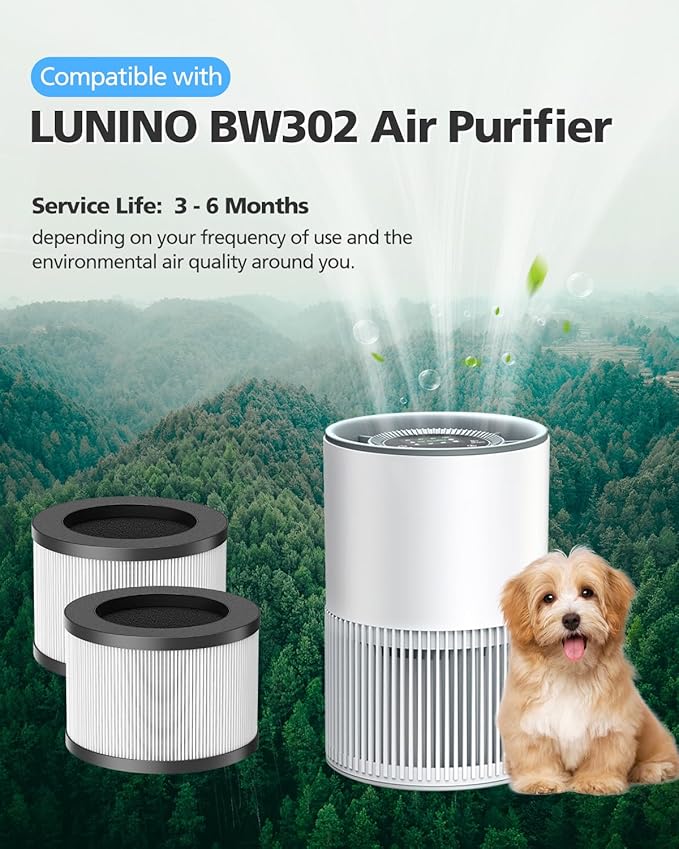 2 Pack BW302 HEPA Air Filter Compatible with LUNINO BW302 Air Purifier Filter Replacement 3 Stage Filtration For Pet Dander, Odor, Dust, Smoke For LUNINO Home Large Room up to 1200ft²