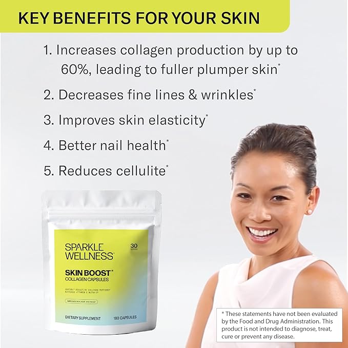 Sparkle Wellness Skin Boost Collagen Capsules (180 Pills) | 30 Days of 2500mg VERISOL Collagen Peptides & Vitamin C | Improves Skin Elasticity & Appearance of Fine Lines | Strengthens Hair & Nails