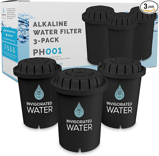 Invigorated Water PH001 - Black Alkaline Water Filter – Replacement Filters for All Pitcher & Dispenser Filtration Systems – BPA-Free, Removes Chlorine, Heavy Metals – 95 Gallons per Filter (3-Pack)