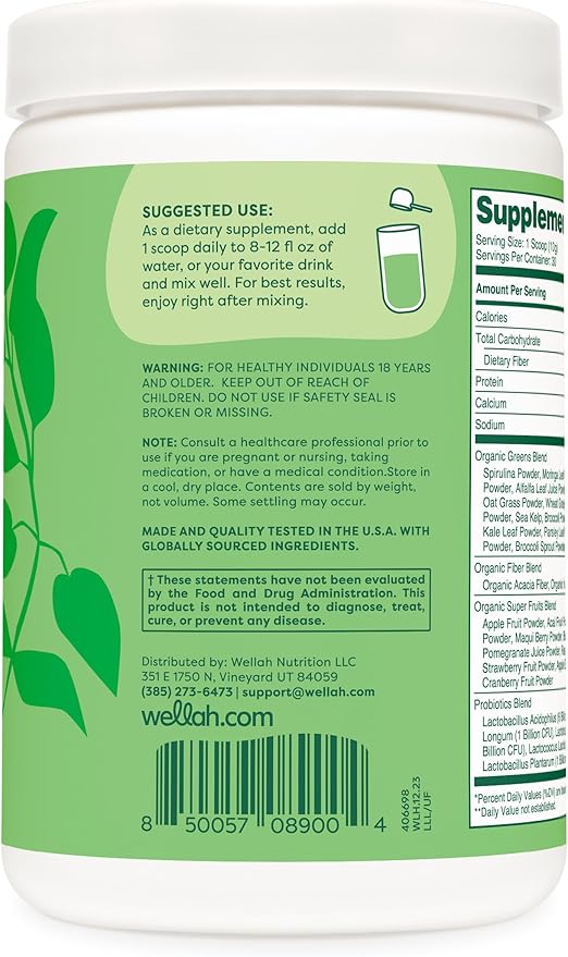 Wellah Leaf, Laugh, Love Super Greens Powder (Unflavored) 30 Servings - Superfood Supplement Drink Mix