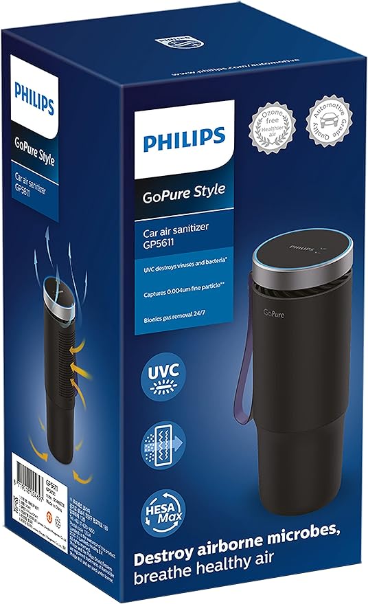 Philips GoPure GP5611 Small Portable HEPA Air Purifier with LED UVC Purification, for Car, Truck, RV/Camper, Reducing Allergens, Bad Smells, Smoke, Pet Odors, Bacteria, Viruses,Black