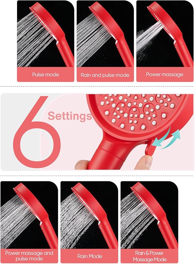 Cobbe Filtered Shower Head with Handheld, High Pressure 6 Spray Mode Showerhead with Filters, Water Softener Filters Beads for Hard Water - Remove Chlorine - Reduces Dry Itchy Skin, Red