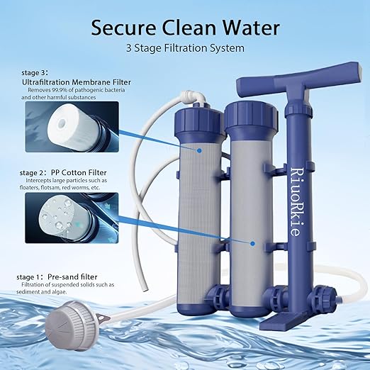 Water Purifier Survival Water Purification - Water Filter Camping Filtration System Survival Emergency, Hand Pump, 1.5L/Min High-Volume, 3-Stage Water Purification System for Group Camping and Etc