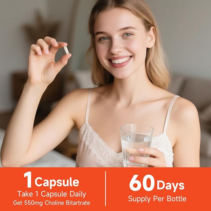 Choline Bitartrate 550mg, Supports Liver & Brain Health, High Absorption Choline Supplements, Non-GMO, Gluten-Free, Made in USA, 60 Vegan Capsules