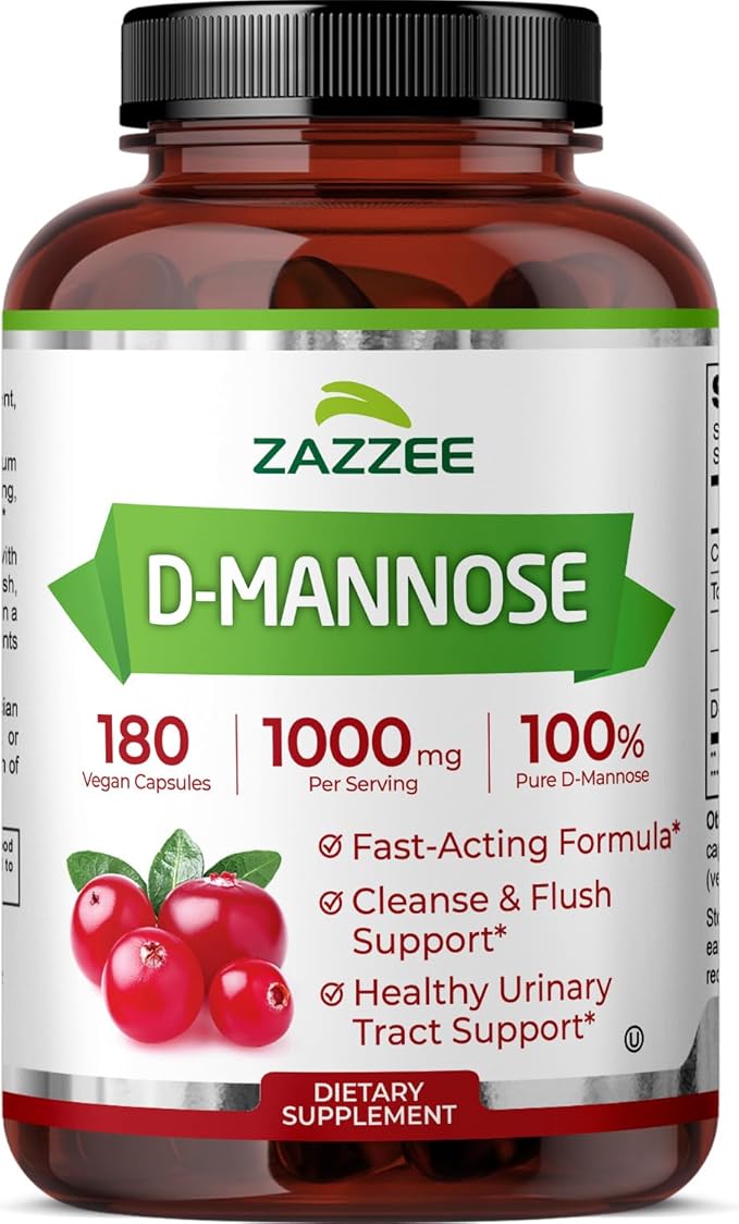 Zazzee D-Mannose, 1000 mg per Serving, 180 Vegan Capsules, 3 Month Supply, Potent & Fast-Acting, Certified Kosher, 100% Pure, All-Natural Urinary Tract Health UTI Support, 100% Vegetarian, Non-GMO