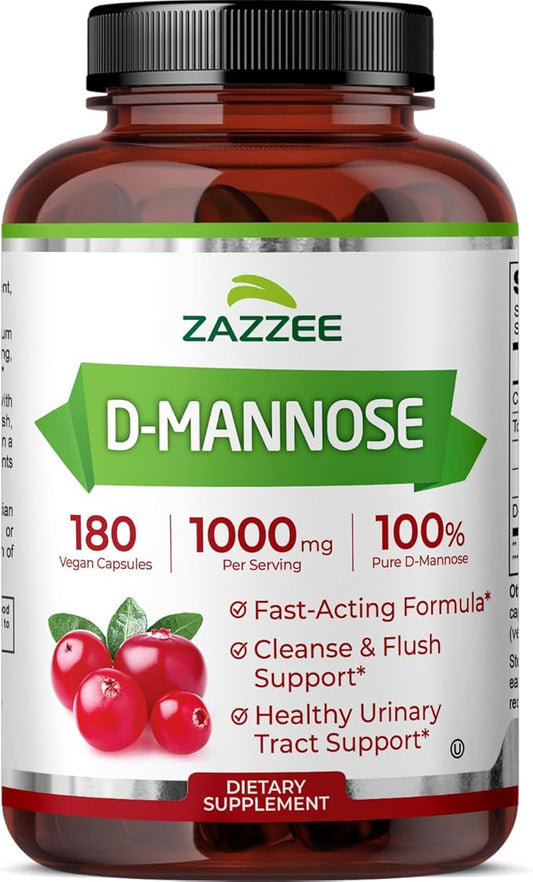 Zazzee D-Mannose, 1000 mg per Serving, 180 Vegan Capsules, 3 Month Supply, Potent & Fast-Acting, Certified Kosher, 100% Pure, All-Natural Urinary Tract Health UTI Support, 100% Vegetarian, Non-GMO