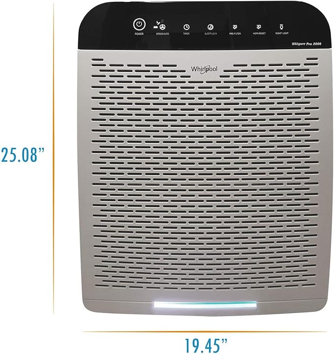 Whirlpool WPPRO2000P Whispure True Hepa Air Purifier, Activated Carbon, 508 Sq Ft, Smart Auto Mode, Ideal for Allergies, Odors, Pet Dander, Mold, Smoke, Wildfire, Germs - Pearl White