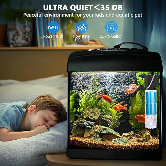 fishkeeper Aquarium Filter, Fish Tank Filter with Adjustable Bubble Output, Ultra Silent Filtration/Oxygenation/Circulation & Physical Sponge Double Filtration for 25 to 75 Gallon Tank