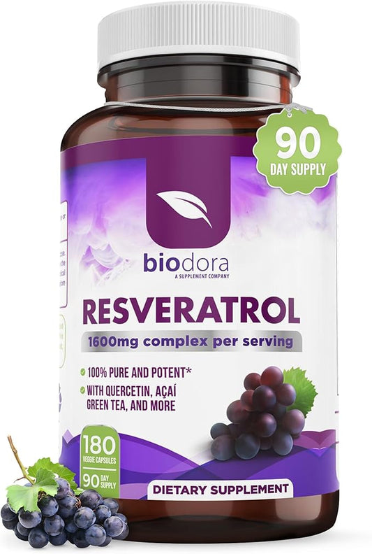 Resveratrol 1600mg, Trans-Resveratrol Antioxidant Supplement with Green Tea, Grape Seed Extract and Quercetin, Helps to Support Digestive Health and Immune System, 180 Capsules