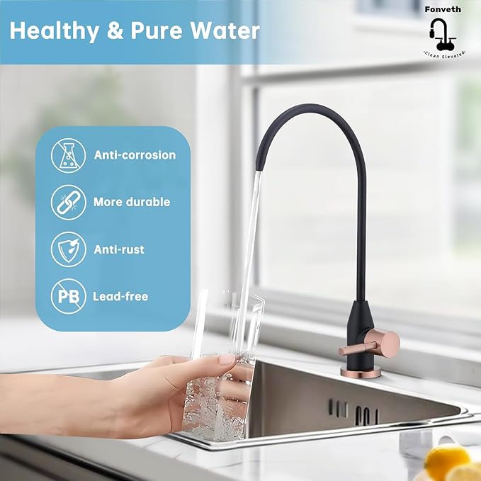 Drinking Water Faucet, Black and Red Copper RO Faucet Stainless Steel for Under Sink Water Filter System Reverse Osmosis Non-Air Gap for Kitchen