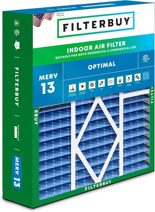 Filterbuy 20x25x5 Air Filter MERV 13 Optimal Defense (1-Pack), Pleated HVAC AC Furnace Air Filters for Amana, Coleman, Goodman, Maytag, York, and More (Actual Size: 20.19 x 25.31 x 5.25 Inches)