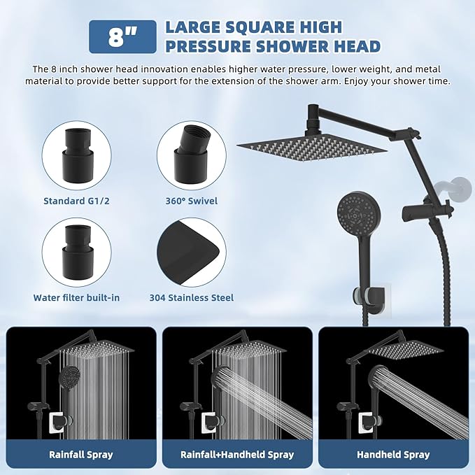 Metal Rain Shower Head with Handheld Spray Combo, 8” High Pressure Rainfall Shower Head with16" Shower Extension Arm, 10-Spray Handheld Built-in Power Wash, Solid Brass 3-Way Diverter, Matte Black